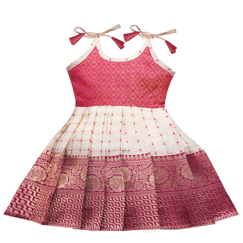 Suzvan New South Indian Traditional Pattu Pavadai Jecquard Knee-Length Frock For Girls Dress (6-12 Months),Pink - Image 5