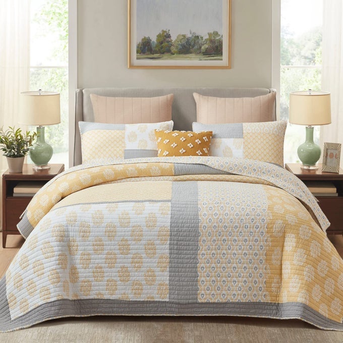 YELLOW KING QUILT SET 100 COTTON PATCHWORK QUILT BEDDING SET FARMHOUSE FLORAL QUILTED BEDSPREADS COVERLET REVERSIBLE LIGHTWEIGHT COMFORTER FOR KING BED FOR ALL SEASON 3 PIECES