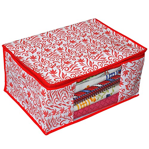 Kuber Industries Non-Woven Leaf Print Saree Covers With Zip|Foldable Wardrobe Organizer For Clothes|Saree Bags Keep 8 To 10 Saree|Suitable For Lehenga, Suit, Dress|Pack Of 9 (Red), 32 cm - Image 2