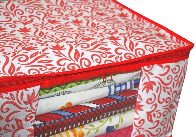 Kuber Industries Non-Woven Leaf Print Saree Covers With Zip|Foldable Wardrobe Organizer For Clothes|Saree Bags Keep 8 To 10 Saree|Suitable For Lehenga, Suit, Dress|Pack Of 9 (Red), 32 cm - Image 5