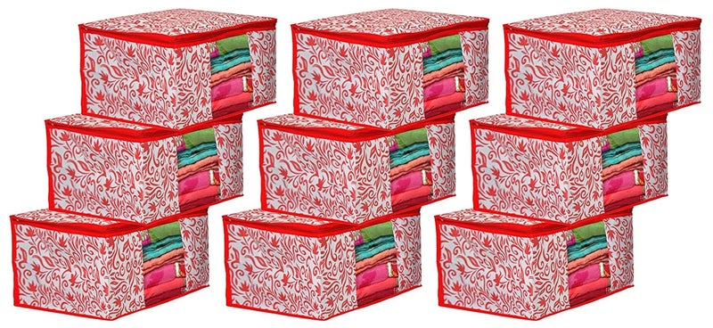 Kuber Industries Non-Woven Leaf Print Saree Covers With Zip|Foldable Wardrobe Organizer For Clothes|Saree Bags Keep 8 To 10 Saree|Suitable For Lehenga, Suit, Dress|Pack Of 9 (Red), 32 cm - Image 1