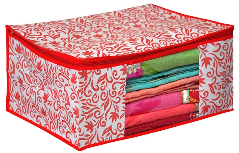 Kuber Industries Non-Woven Leaf Print Saree Covers With Zip|Foldable Wardrobe Organizer For Clothes|Saree Bags Keep 8 To 10 Saree|Suitable For Lehenga, Suit, Dress|Pack Of 9 (Red), 32 cm - Image 3