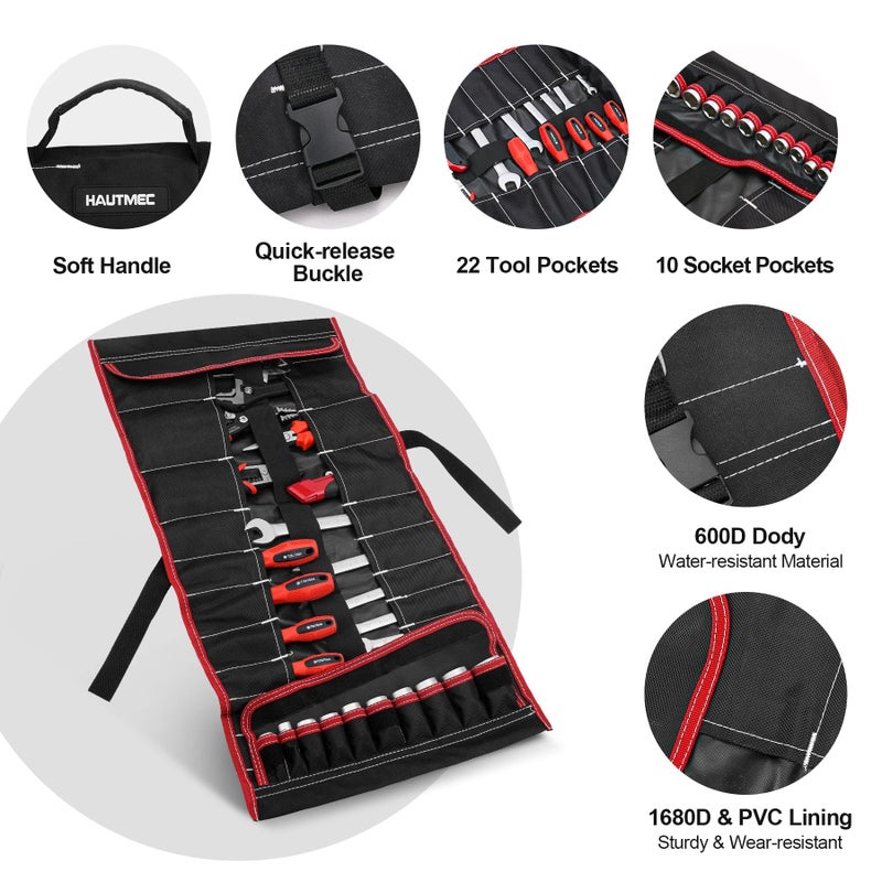 HAUTMEC 32-Pocket Tool Roll Bag, Heavy-Duty Wrench & Screwdriver Organizer, Water-Resistant Roll Up Tool Bag with Quick-Release Buckle and Reflective Strips, HT0069 - Image 3
