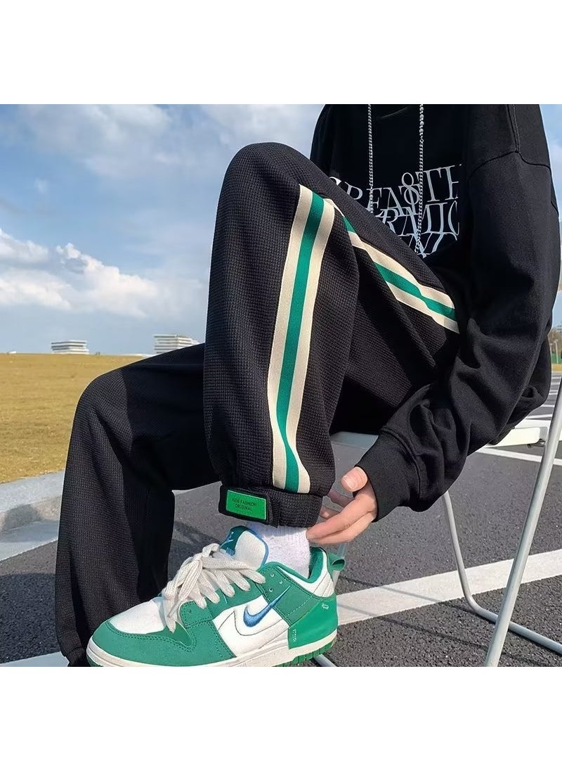 Generic - Trendy Drawstring Elastic Cuffed Sweatpants Mens Loose Casual Pants Korean Style Comfortable Polyester Fiber Nine Points Black - Image 1