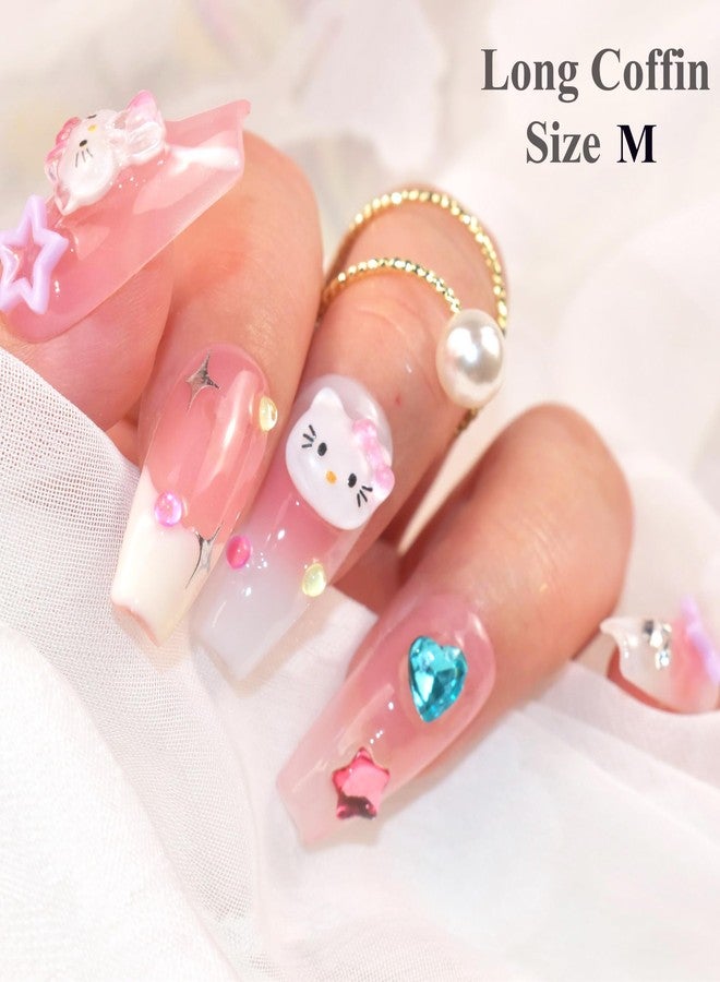 LIFOOST Press on Nails Handmade Fake Nails Medium Coffin Gel Finished False Nails Cute Kawaii Y2K 3D Cartoon Cat Design 10Pcs, Size Medium - Image 5