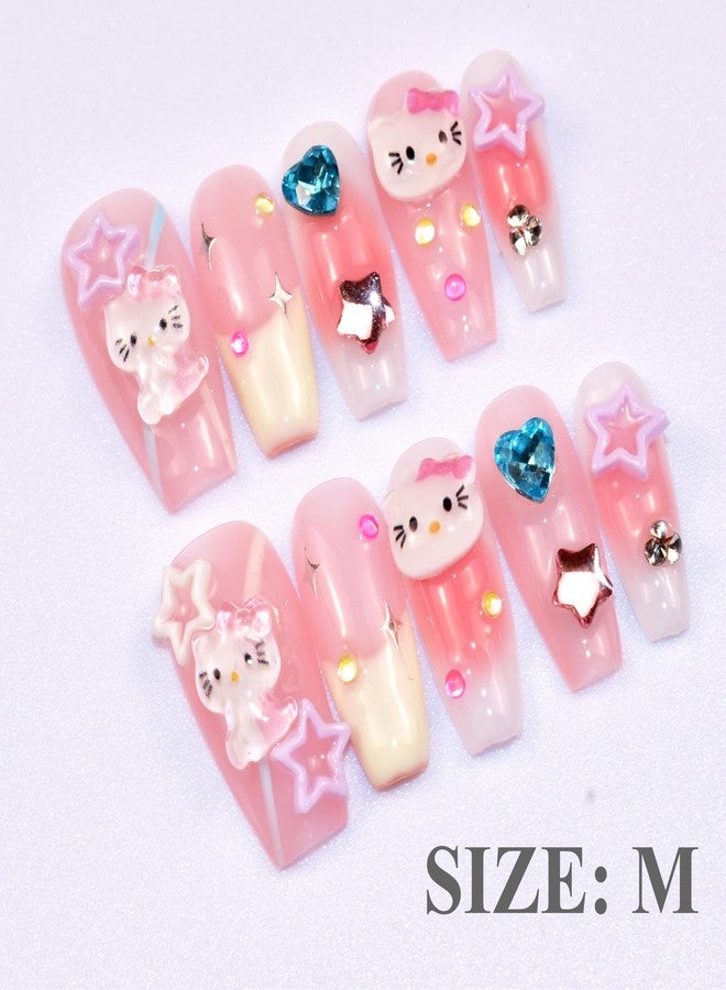 LIFOOST Press on Nails Handmade Fake Nails Medium Coffin Gel Finished False Nails Cute Kawaii Y2K 3D Cartoon Cat Design 10Pcs, Size Medium - Image 2
