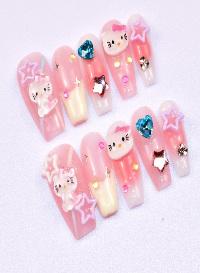 LIFOOST Press on Nails Handmade Fake Nails Medium Coffin Gel Finished False Nails Cute Kawaii Y2K 3D Cartoon Cat Design 10Pcs, Size Medium - Image 1