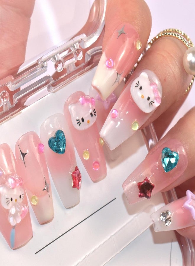 LIFOOST Press on Nails Handmade Fake Nails Medium Coffin Gel Finished False Nails Cute Kawaii Y2K 3D Cartoon Cat Design 10Pcs, Size Medium - Image 4