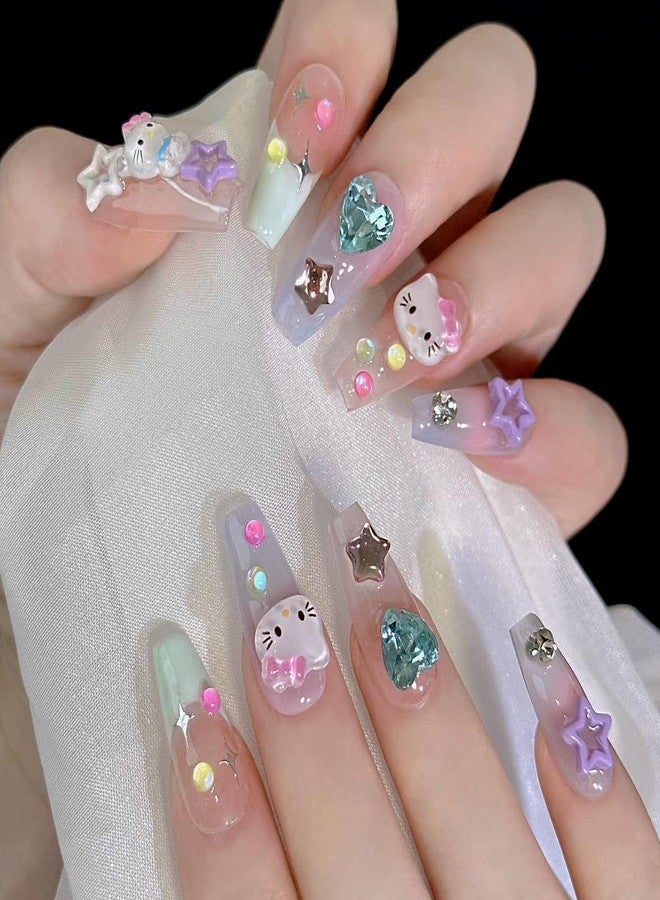 LIFOOST Press on Nails Handmade Fake Nails Medium Coffin Gel Finished False Nails Cute Kawaii Y2K 3D Cartoon Cat Design 10Pcs, Size Medium - Image 3