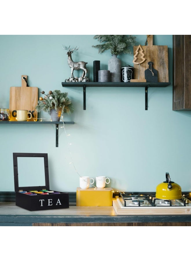 WALALLA Wooden Tea Box Tea Bag Holder Kitchen Storage Chest Box for Spice Pouches and Sugar Packets with 9 Compartments and Glass Window Weathered,Black - Image 5