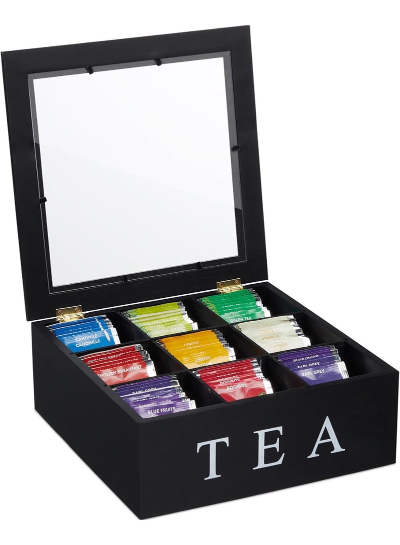 WALALLA Wooden Tea Box Tea Bag Holder Kitchen Storage Chest Box for Spice Pouches and Sugar Packets with 9 Compartments and Glass Window Weathered,Black - Image 1