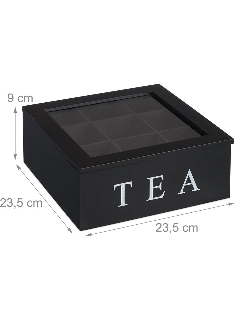 WALALLA Wooden Tea Box Tea Bag Holder Kitchen Storage Chest Box for Spice Pouches and Sugar Packets with 9 Compartments and Glass Window Weathered,Black - Image 4