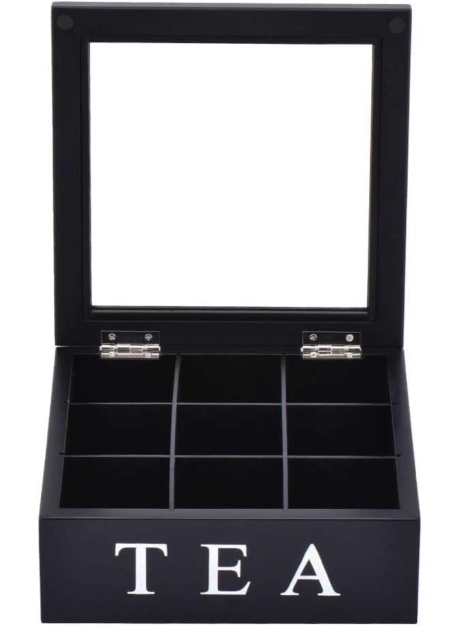 WALALLA Wooden Tea Box Tea Bag Holder Kitchen Storage Chest Box for Spice Pouches and Sugar Packets with 9 Compartments and Glass Window Weathered,Black - Image 2