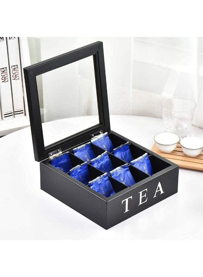 WALALLA Wooden Tea Box Tea Bag Holder Kitchen Storage Chest Box for Spice Pouches and Sugar Packets with 9 Compartments and Glass Window Weathered,Black - Image 3
