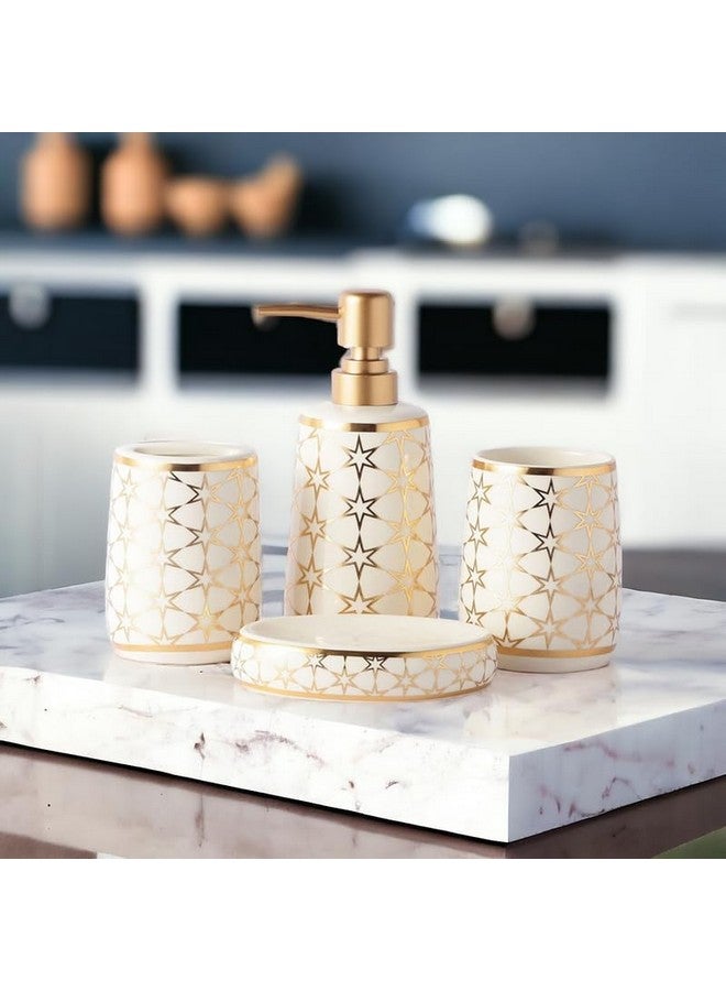 Whizzo® Ceramic Star Design Bathroom Accessories Set Ceramic - 4 Pieces Bathroom Accessories Set Soap Dispenser, Toothbrush Holder, Tumbler, Soap Dish, The Best Gifting Choice (White) - Image 4