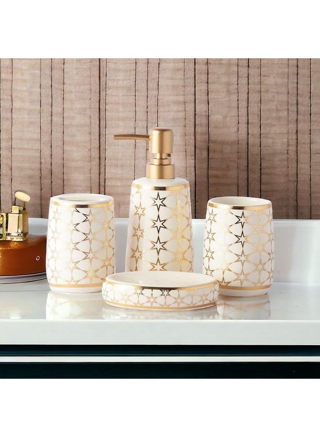 Whizzo® Ceramic Star Design Bathroom Accessories Set Ceramic - 4 Pieces Bathroom Accessories Set Soap Dispenser, Toothbrush Holder, Tumbler, Soap Dish, The Best Gifting Choice (White) - Image 1