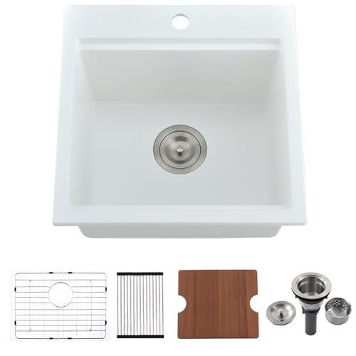Bokaiya 15 Inch White Drop In Bar Sink Workstation -Bokaiya 15x15 Quartz Outdoor Rv Wet Bar Sink Single Bowl Small Drop In Kitchen Sinks with Cutting Board - Image 1