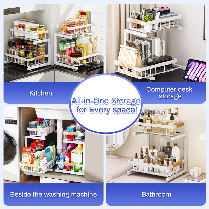 ADBIU 2 Pack Under Sink Organizers and Storage, Height Adjustable 2-Tier Pull Out Cabinet Organizer, Heavy Duty Slide Out Sink Shelf Drawer for Kitchen Bathroom Organization - Image 4