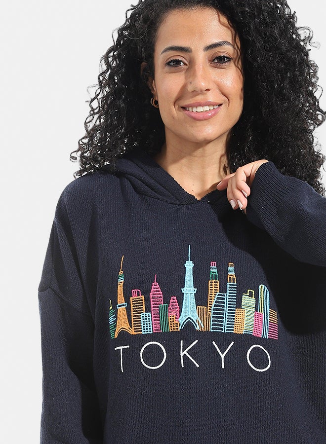 Andora Printed Long Sleeves Hoodie _ Navy Blue - Image 4