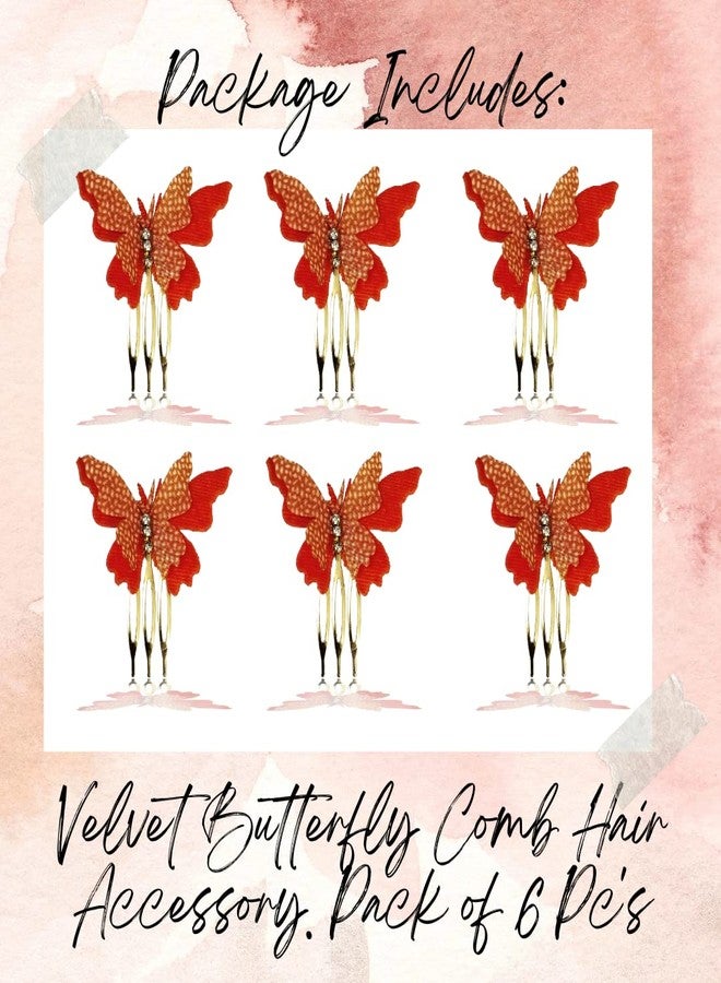 Hair Flare Velvet Butterfly Hair Pin/Comb Slide Designed Hairpin/Side Juda pin/Bridal Hair Accessories- 2462, Orange, Pack of 6 - Image 5