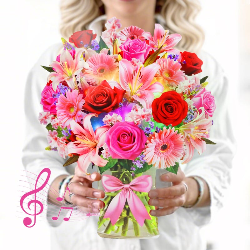 XTF2015 Flower Bouquet Birthday Cards with MUSIC & LIGHTS, Happy Birthday Cards, Lily Daisy Carnations, Anniversary Card, Paper 3D Pop Up Bouquet Greeting Card Gift for Mom Wife Women - Image 1