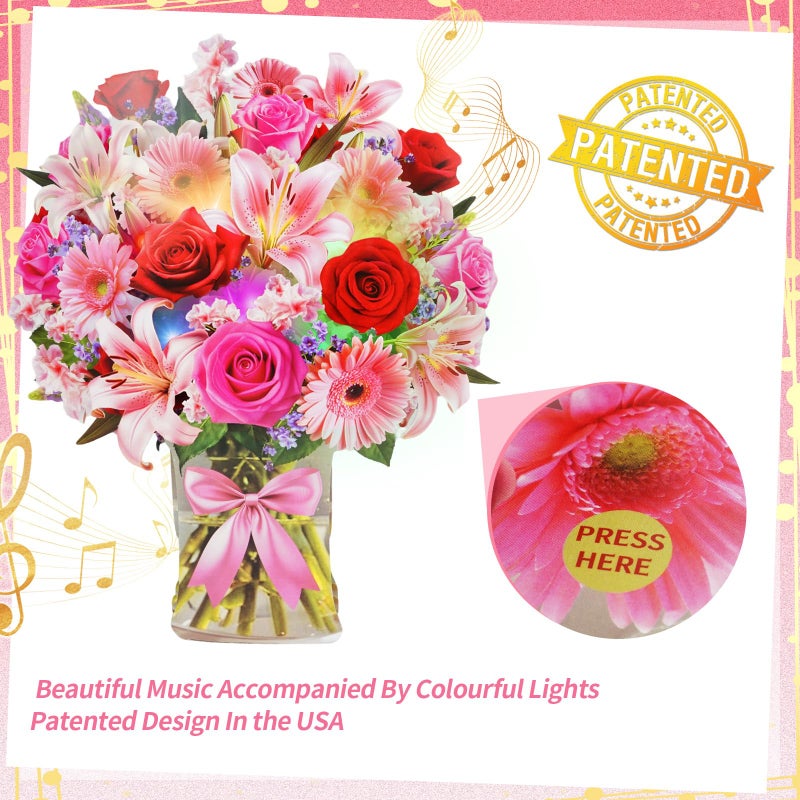XTF2015 Flower Bouquet Birthday Cards with MUSIC & LIGHTS, Happy Birthday Cards, Lily Daisy Carnations, Anniversary Card, Paper 3D Pop Up Bouquet Greeting Card Gift for Mom Wife Women - Image 2