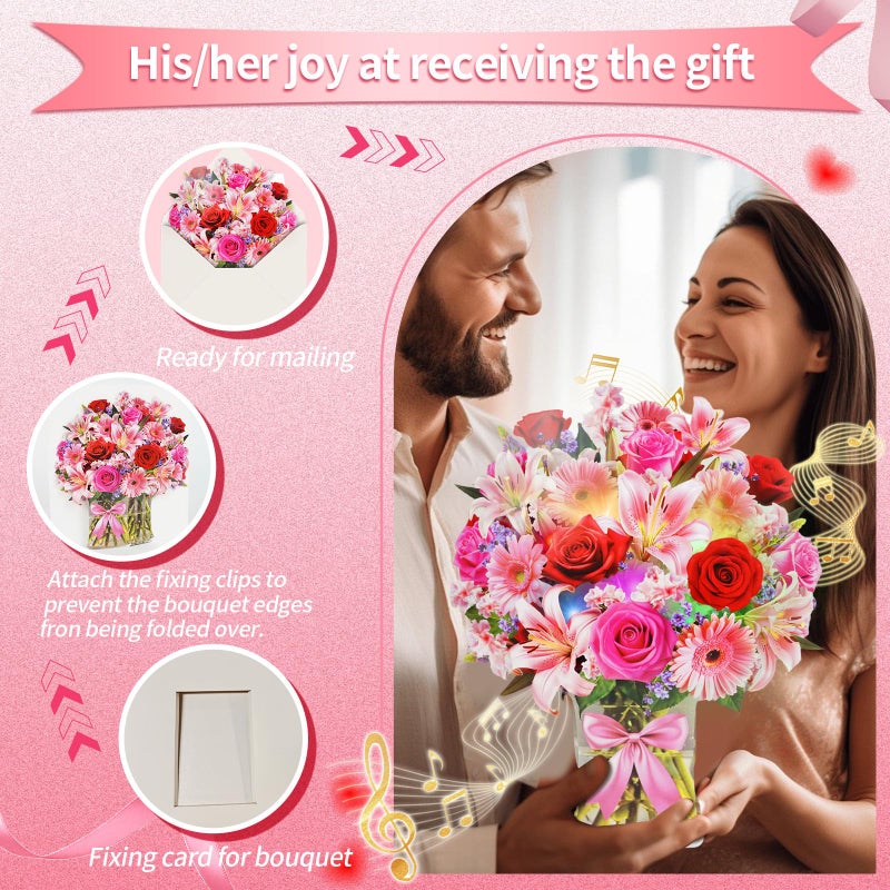 XTF2015 Flower Bouquet Birthday Cards with MUSIC & LIGHTS, Happy Birthday Cards, Lily Daisy Carnations, Anniversary Card, Paper 3D Pop Up Bouquet Greeting Card Gift for Mom Wife Women - Image 5