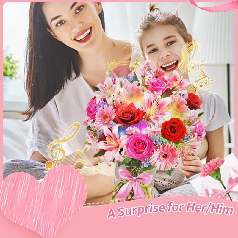 XTF2015 Flower Bouquet Birthday Cards with MUSIC & LIGHTS, Happy Birthday Cards, Lily Daisy Carnations, Anniversary Card, Paper 3D Pop Up Bouquet Greeting Card Gift for Mom Wife Women - Image 3