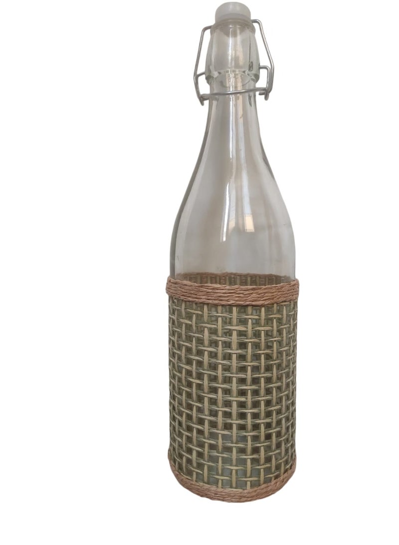 Woven Glass Bottles with Herbal Sleeves, Customized with Flip Cap, Water Bottle, for Oil, Juice, Milk, 1L - Image 1