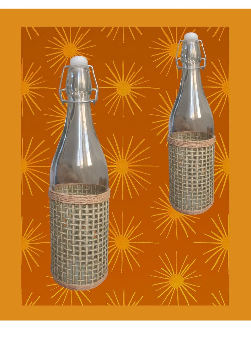 Woven Glass Bottles with Herbal Sleeves, Customized with Flip Cap, Water Bottle, for Oil, Juice, Milk, 1L - Image 5