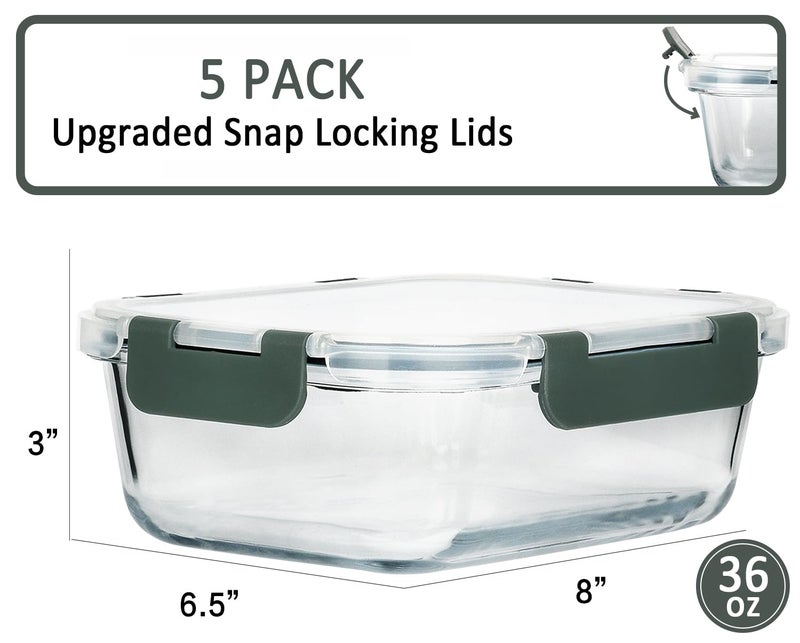 M MCIRCO [5-Packs, 36 Oz Glass Meal Prep Containers with Snap Locking Lids Glass Food Containers,Airtight Lunch Container,Microwave, Oven, Freezer and Dishwasher (4.5 Cup) - Image 2