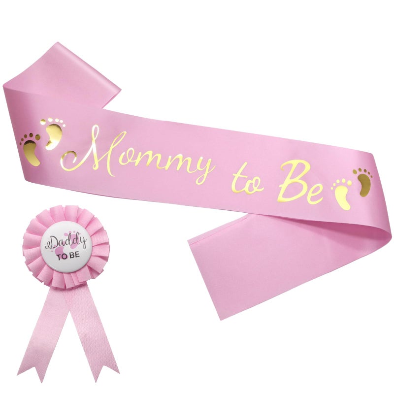MILVOWOC 2 Pack Baby Shower Sash - Satin Mommy to Be Sash & Daddy to Be Badge Set, Gender Reveal Party Decorations for Girls with Glossy Finish - Baby Shower Decorations Accessories (Pink) - Image 1
