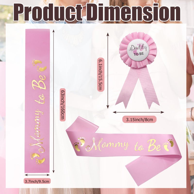 MILVOWOC 2 Pack Baby Shower Sash - Satin Mommy to Be Sash & Daddy to Be Badge Set, Gender Reveal Party Decorations for Girls with Glossy Finish - Baby Shower Decorations Accessories (Pink) - Image 4