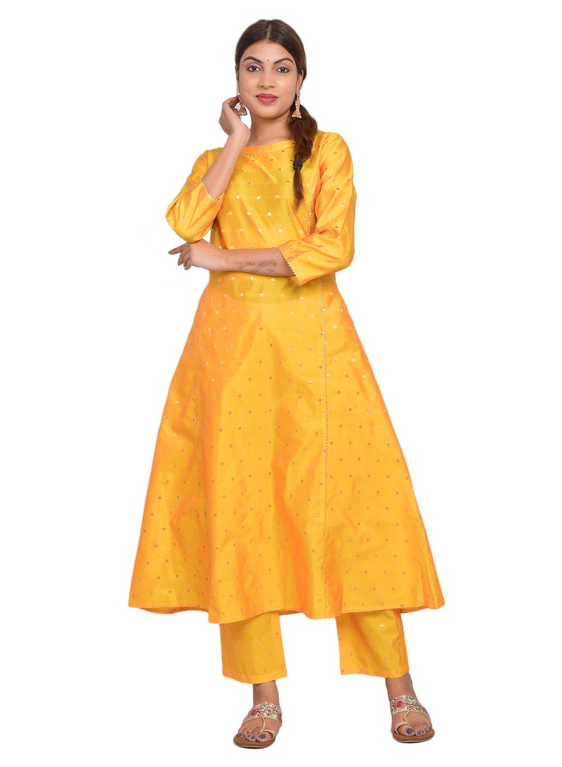 Riara Women Silver Yellow Kurta Pant Set Summer Suit Solid Colour Flared Kurti with Pant Casual Kurta Set for Girls Art Silk (Taffeta Booty) Size XXL  - Image 2