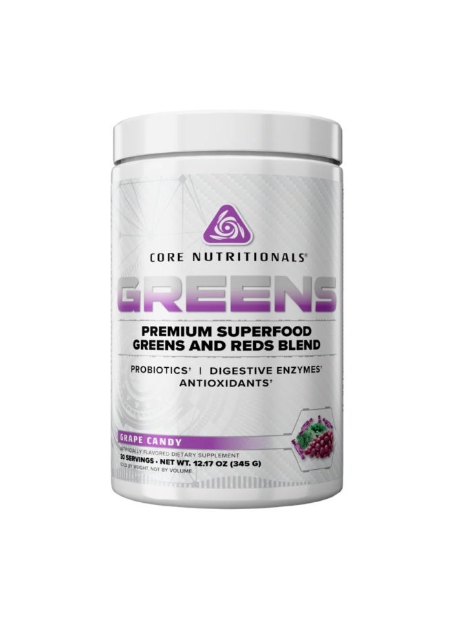 GREENS Premium Superfood Greens & Reds Blend with Probiotics & Digestive Enzymes, Daily Whole-Food Nutrition & Antioxidant Support - Grape Candy (30 Servings)