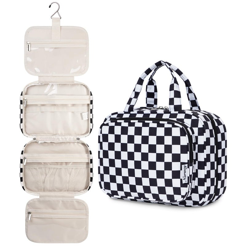 Narwey Hanging Toiletry Bag for Women Travel Makeup Bag Organizer Toiletries Bag for Travel Size Essentials Accessories Cosmetics Black Checkerboard Medium - Image 2