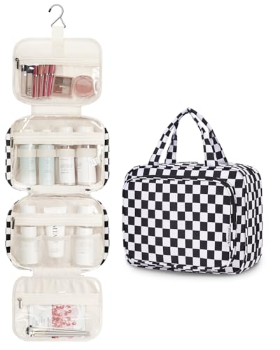 Narwey Hanging Toiletry Bag for Women Travel Makeup Bag Organizer Toiletries Bag for Travel Size Essentials Accessories Cosmetics Black Checkerboard Medium - Image 3