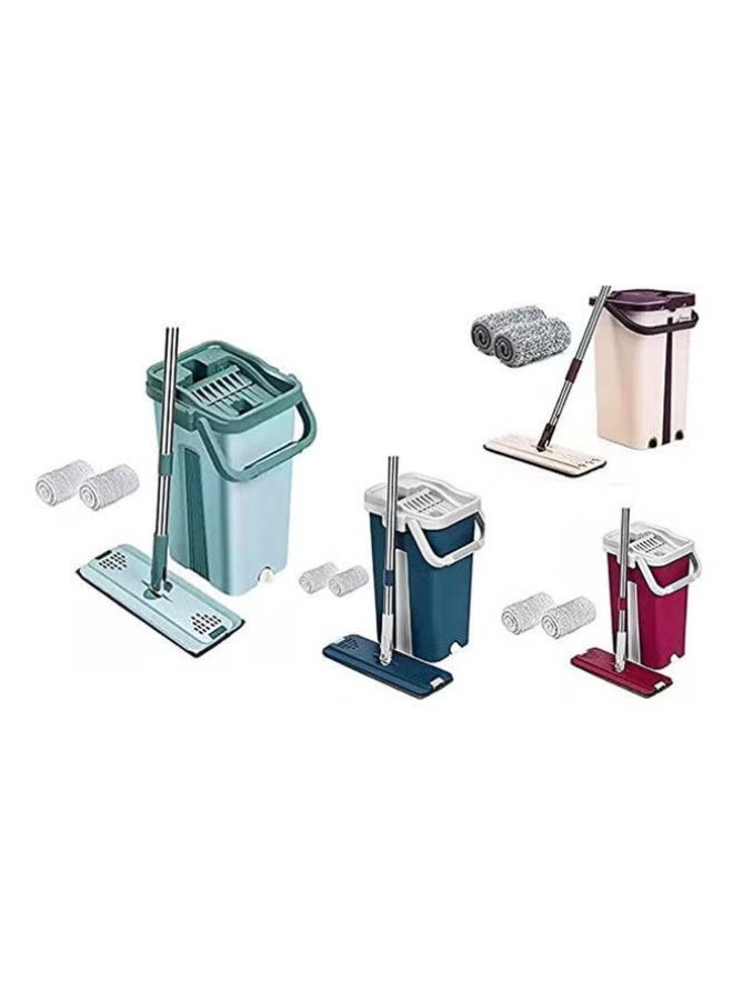 Flat Squeeze Cleaning Mop And Bucket With 2 Types Washable Reusable Microfiber - Bucket With Mop Flat Wiper Suitable For Parquet And All Types Of Flooring - Multicolour - Image 1
