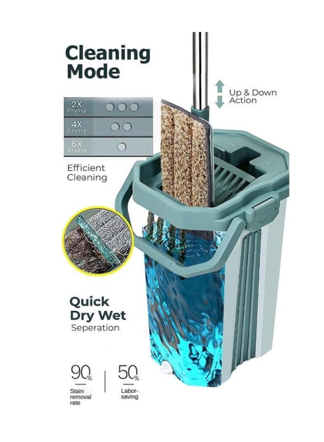 Flat Squeeze Cleaning Mop And Bucket With 2 Types Washable Reusable Microfiber - Bucket With Mop Flat Wiper Suitable For Parquet And All Types Of Flooring - Multicolour - Image 3