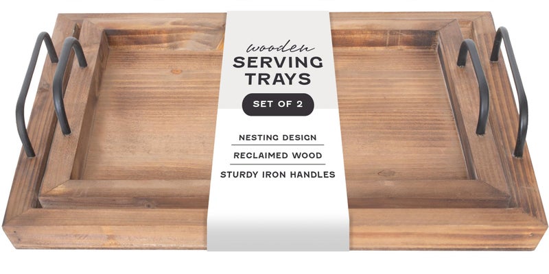 Besti Rustic Vintage Food Serving Trays Set of 2  Nesting Wooden Board with Metal Handles  Stylish Farmhouse Decor Serving Platters  Large 15 x2 x11  Small 13 x2 x9 inches Rustic Burnt