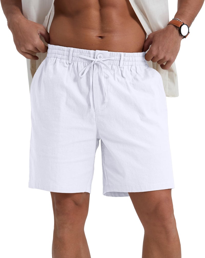 Sailwind Men's Linen Casual Shorts Elastic Waist Drawstring Summer Beach Shorts with Pockets White - Image 2