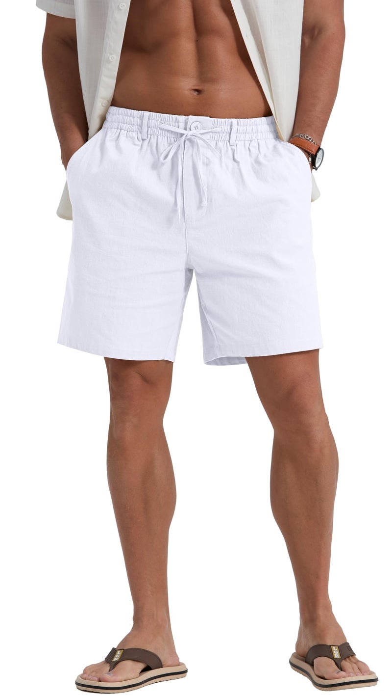 Sailwind Men's Linen Casual Shorts Elastic Waist Drawstring Summer Beach Shorts with Pockets White - Image 5