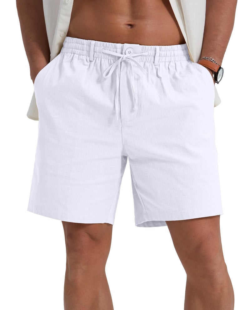 Sailwind Men's Linen Casual Shorts Elastic Waist Drawstring Summer Beach Shorts with Pockets White - Image 1