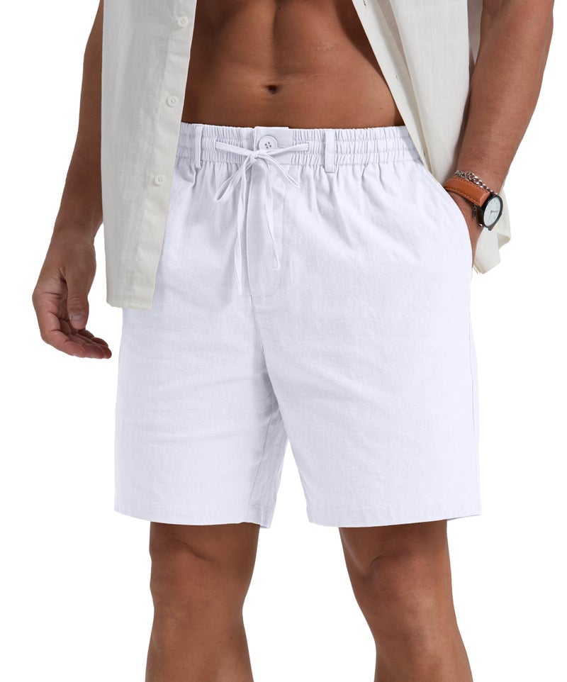 Sailwind Men's Linen Casual Shorts Elastic Waist Drawstring Summer Beach Shorts with Pockets White - Image 4