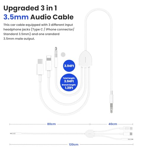 Verilux® 3 in 1 Type C to 3.5 mm Audio Aux Jack Cable 1.2M/3.9Ft, 3.5mm Jack to USB C/Lighting/3.5mm Cable for iPhone 17/16/15/14/13/12/11, iPad Pro, Galaxy S25/S24/S23, Work with Car Stereo - Image 4