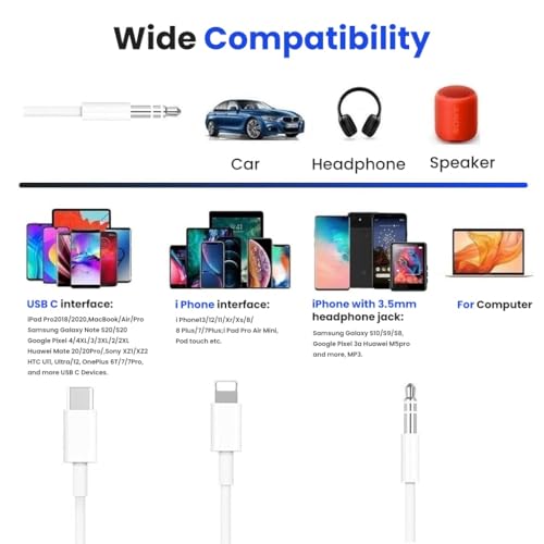 Verilux® 3 in 1 Type C to 3.5 mm Audio Aux Jack Cable 1.2M/3.9Ft, 3.5mm Jack to USB C/Lighting/3.5mm Cable for iPhone 17/16/15/14/13/12/11, iPad Pro, Galaxy S25/S24/S23, Work with Car Stereo - Image 3