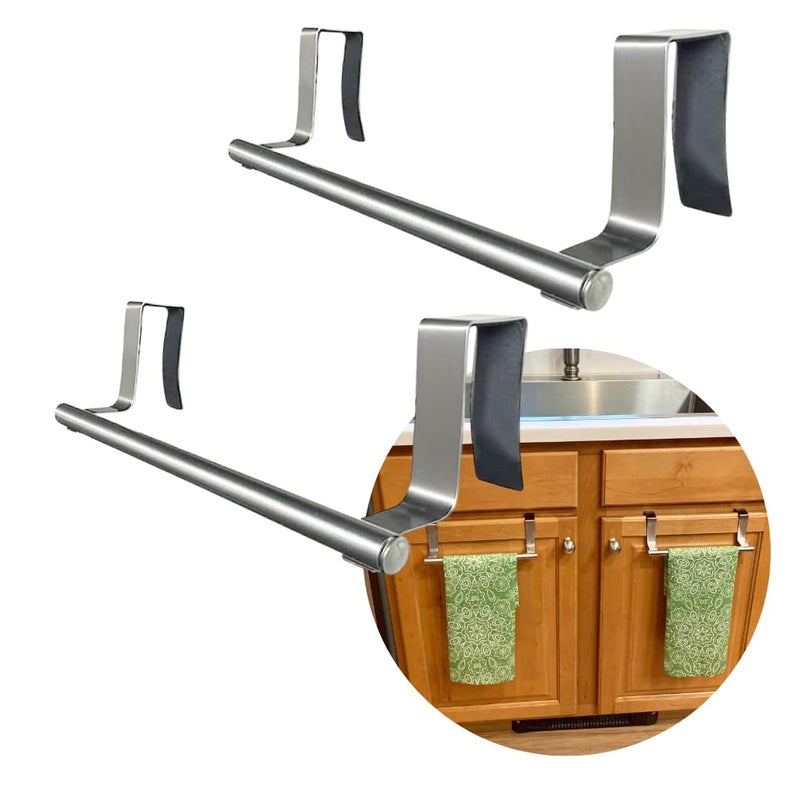 Evelots Towel Hook, Bar Over Cabinet Door - Kitchen, Bathroom - 2 Pack- Hand, Dish Towel Rack Holder - Inside or Outside Door - Brushed Stainless Steel - No Rust - No Scratch - No Installation - Image 1