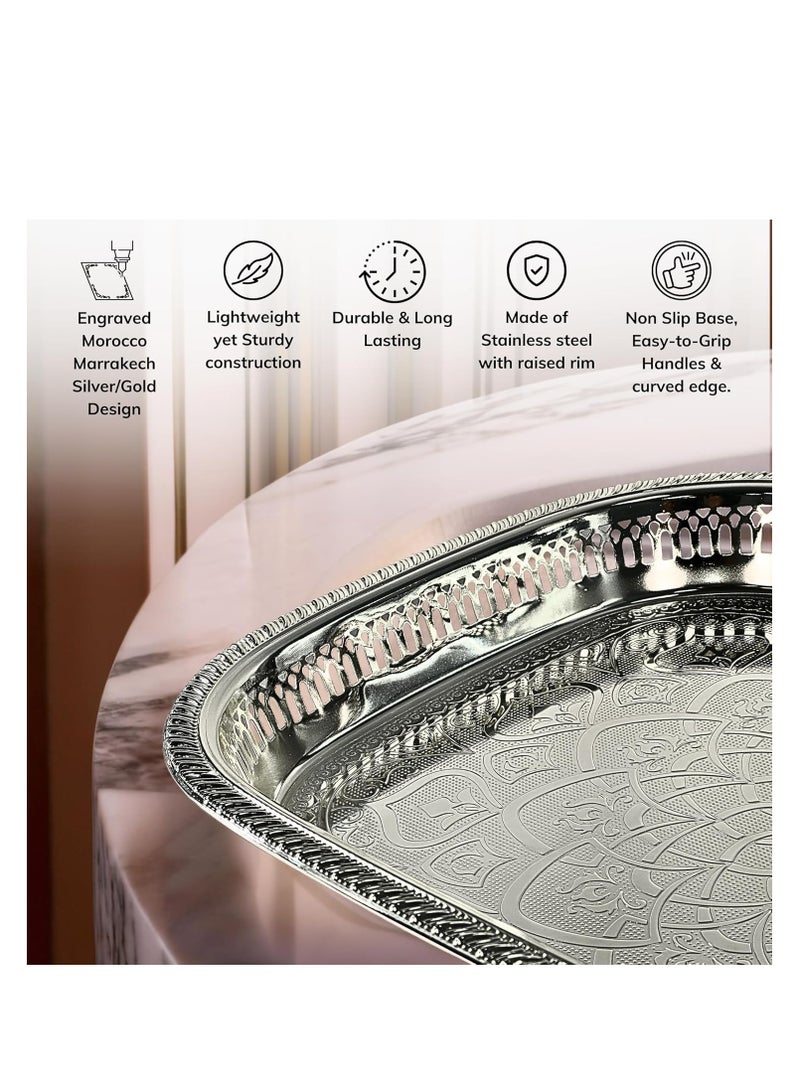 دبيلو تي- إيزي كير صينية تقديم مغربية فضية محفورة - صينية مستطيلة من الفولاذ المقاوم للصدأ بلمسة نهائية عاكسة، متعددة الاستخدامات للبوفيه، وغرفة الطعام المنزلية، وغرفة المعيشة، وديكور غرفة النوم، والهدايا، 45 × 34 سم (طول × عرض) - Image 3