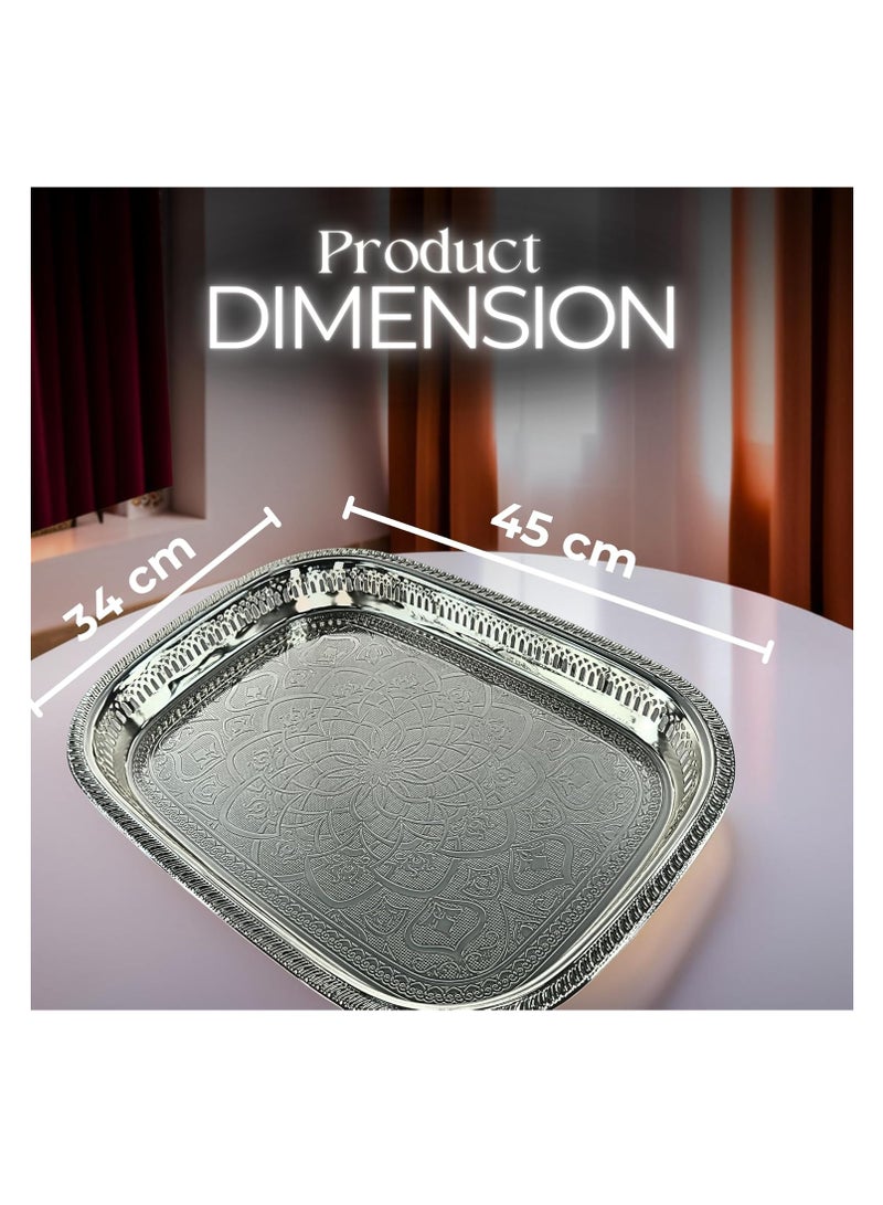 دبيلو تي- إيزي كير صينية تقديم مغربية فضية محفورة - صينية مستطيلة من الفولاذ المقاوم للصدأ بلمسة نهائية عاكسة، متعددة الاستخدامات للبوفيه، وغرفة الطعام المنزلية، وغرفة المعيشة، وديكور غرفة النوم، والهدايا، 45 × 34 سم (طول × عرض) - Image 2