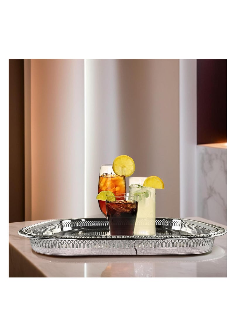 دبيلو تي- إيزي كير صينية تقديم مغربية فضية محفورة - صينية مستطيلة من الفولاذ المقاوم للصدأ بلمسة نهائية عاكسة، متعددة الاستخدامات للبوفيه، وغرفة الطعام المنزلية، وغرفة المعيشة، وديكور غرفة النوم، والهدايا، 45 × 34 سم (طول × عرض) - Image 4